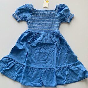 Mini Boden Girl Blue Shirred Holiday Dress 5-6 Years